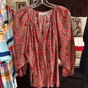 Roller Rabbit Red Pink Floral Puff-Sleeve Peasant Blouse